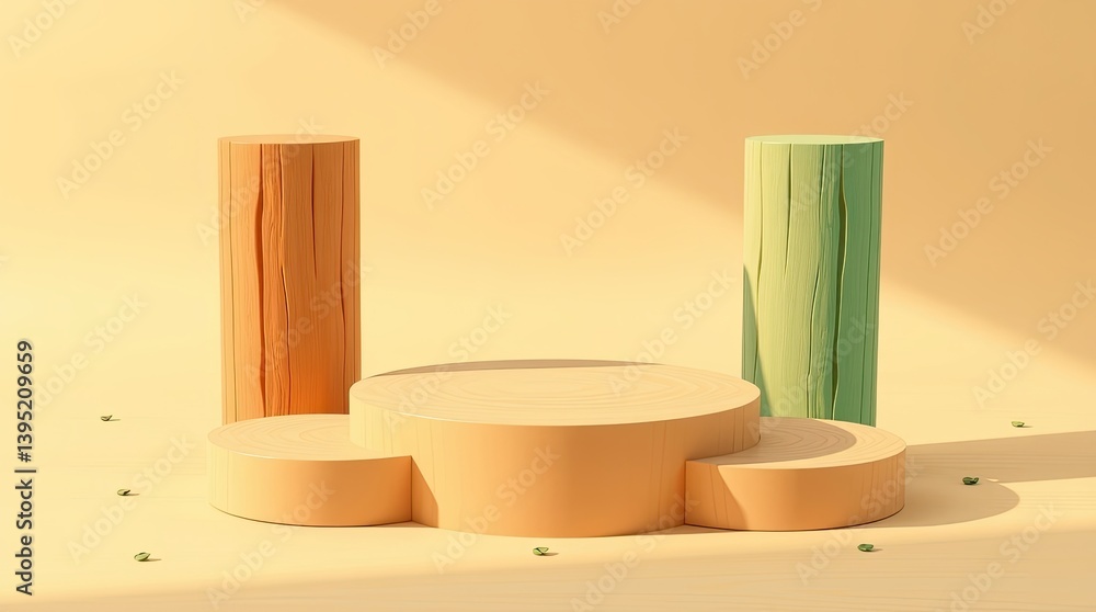 Poster a staged wooden display featuring multiple platforms and colored columns