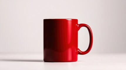 A vibrant red mug stands alone against a neutral background, showcasing its glossy finish and simple design.