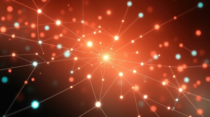 Obraz premium Abstract network of glowing points and lines. A vibrant, digital representation of interconnected data points, radiating outward from a central hub