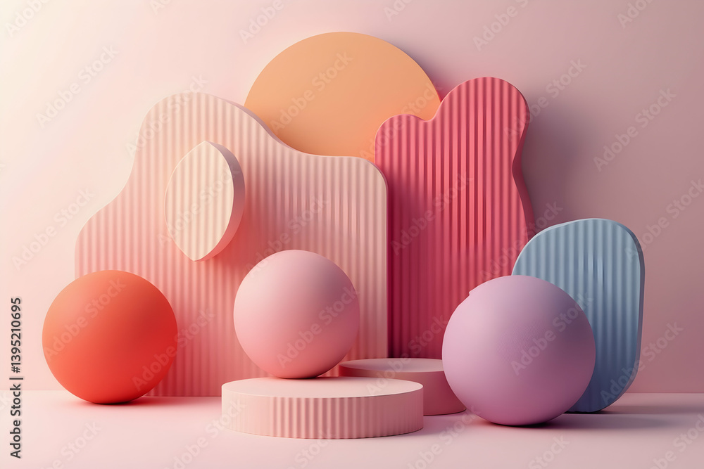 Poster visually striking still life composition of abstract geometric shapes in pastel hues creating a sens