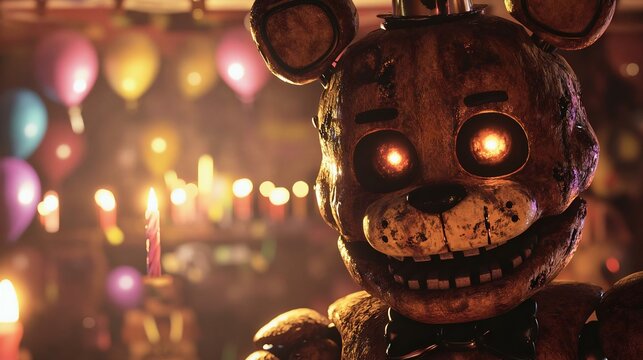 A vintage animatronic bear in a festive setting, with balloons and candles in the background, creates a spooky yet celebratory atmosphere.