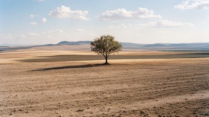 Fototapeta premium A solitary tree stands amidst vast, undulating fields under a bright blue sky, embodying solitude and resilience.