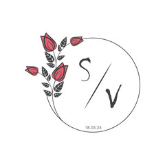initial monogram wedding with creative circle line flower.