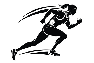Silhouette of Woman Athlete Running Fast, Abstract Design, Black and White, Isolated