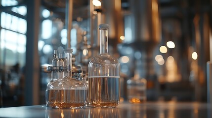 A realistic chemical factory model positioned on an office desk, with plenty of light in a contemporary and organized office space.