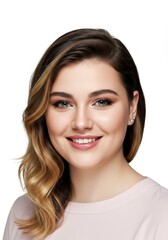 Fototapeta premium Smiling Woman Portrait with Wavy Hair and Makeup on White Background