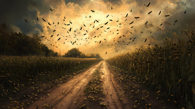 Desert locusts swarm a dirt road, having devoured crops, their destructive presence signaling an agricultural disaster. Devoured Light. Illustration