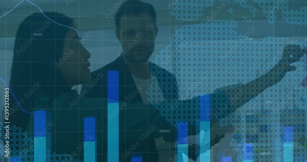 Poster business professionals analyzing data over world map and financial graph animation