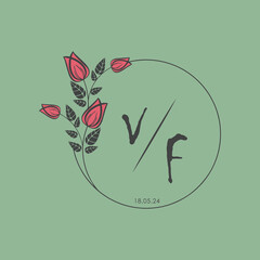 initial monogram wedding with creative circle line flower.