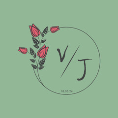 initial monogram wedding with creative circle line flower.