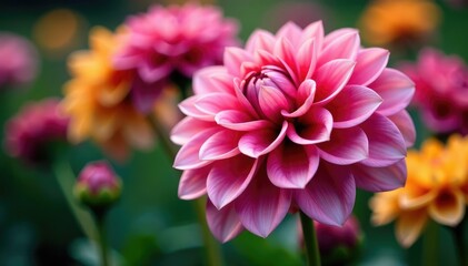 Obraz premium Intricate dahlia blooms, vibrant colors, close-up view, vibrant, petal