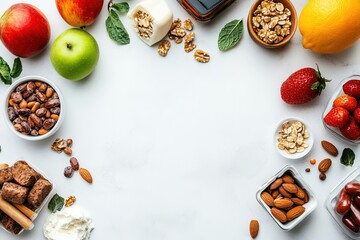 A white background with a variety of fruits and nuts. , with ample copy space for text.