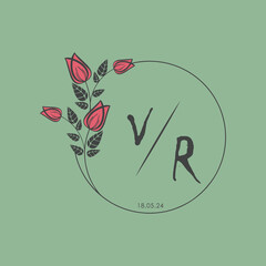 initial monogram wedding with creative circle line flower.