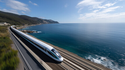 Maglev Train Gliding Along a Scenic Coastal Railway