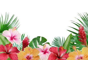 Tropical flowers arrangement hibiscus flowers, red ginger flowers with exotic leaves isolated on transparent background