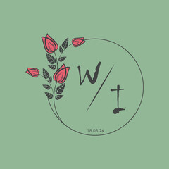 initial monogram wedding with creative circle line flower.