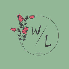 initial monogram wedding with creative circle line flower.