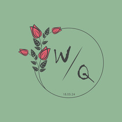 initial monogram wedding with creative circle line flower.