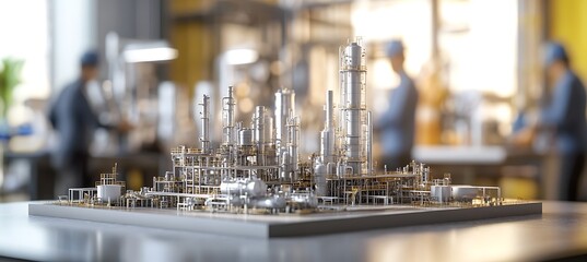 A scale model of a chemical factory on an office desk in a well-lit workspace, offering a clear view of its intricate details.