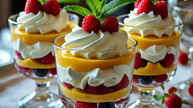 Delicious layered dessert cups with whipped cream, fresh raspberries, mango puree, and chocolate cake layers in clear glass parfaits, showcasing elegant sweet treats

