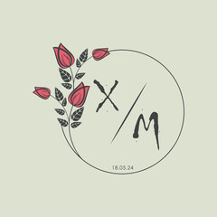 initial monogram wedding with creative circle line flower.