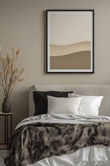 Cozy bedroom wall mockup featuring a vertical frame above a simple bed setup