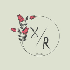 initial monogram wedding with creative circle line flower.