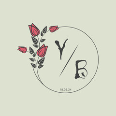 initial monogram wedding with creative circle line flower.