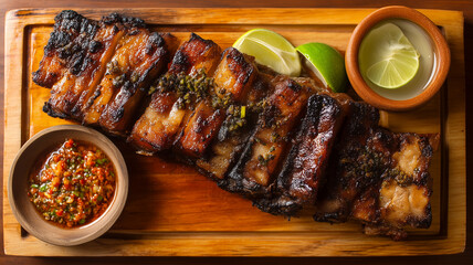 Crispy pork belly with chili dipping sauce in wooden box, Thai style meat with microgreens and pickled radish