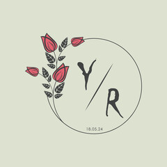 initial monogram wedding with creative circle line flower.