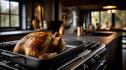 Roasted Chicken on Tray in Modern Kitchen