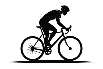 Silhouette of Bicyclist Riding Road Bike with Helmet Isolated on White Background