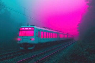 Fototapeta premium A high-speed bullet train passing through a dense toxic fog, its lights cutting through the mist, cyberpunk style, cinematic digital art.