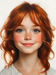 Fototapeta premium A charming portrait of a young girl with vibrant red hair and bright blue eyes smiles sweetly at the camera.