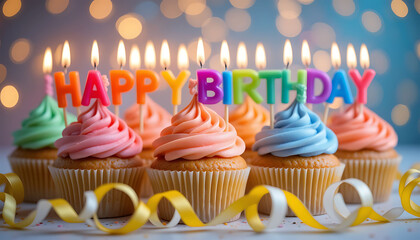 Colorful Cupcake Celebration with Happy Birthday Letter Candles