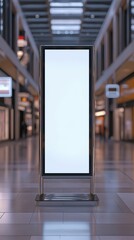 Angled view of blank vertical digital screen in a modern shopping mall