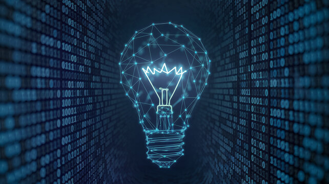 Abstract lightbulb graphic, blue glowing lines forming a network, set against a binary code background, symbolizing digital innovation and ideas