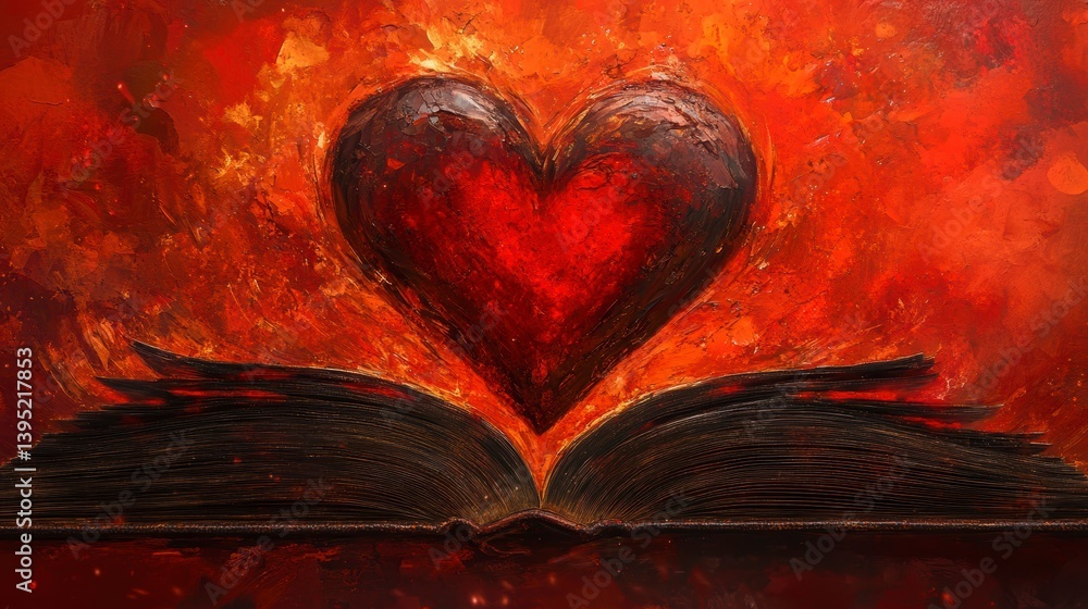 Poster red heart rising from open book, fiery background.