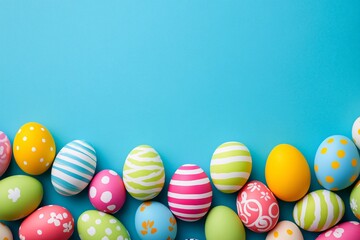 Obraz premium A vibrant collection of colorful Easter eggs, cheerfully arranged against a bright blue backdrop, celebrating spring's arrival and the joy of the season.