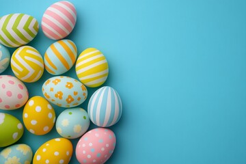 Obraz premium A cheerful collection of pastel Easter eggs, delicately decorated with stripes, dots, and floral patterns, rests on a vibrant blue background, celebrating spring's arrival.