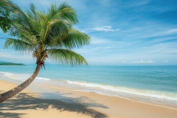 Obraz premium Tropical beach scene. Palm tree on sandy shore. Azure water and sky