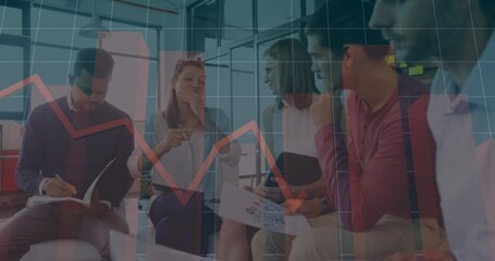 Business team discussing charts with stock market graph animation overlay - Powered by Adobe