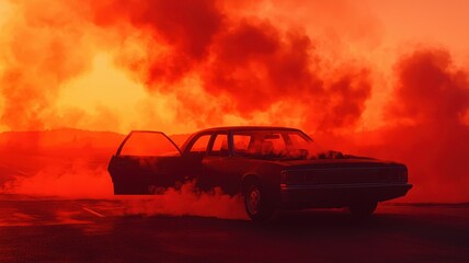 A broken-down car on a desolate highway, its hood open with smoke rising, and a person waiting anxiously under a blazing sun, Realism, High Contrast. , closes up
