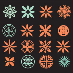 A grid of sixteen stylized snowflake and flower icons in muted colors against a dark background.
