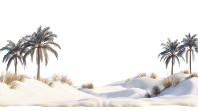 Snow-covered oasis in the desert, isolated on white transparent background. Ideal for mockups, digital art projects, and creative design with a seamless, clean environment