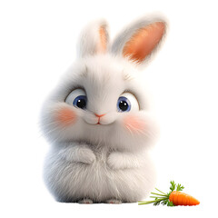 Fluffy 3D Cartoon Bunny with Glowing Ears and Carrot on Nose Isolated on Transparent Background