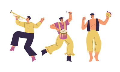 Brazilian Festival with People Dancing and Playing Musical Instrument Vector Set