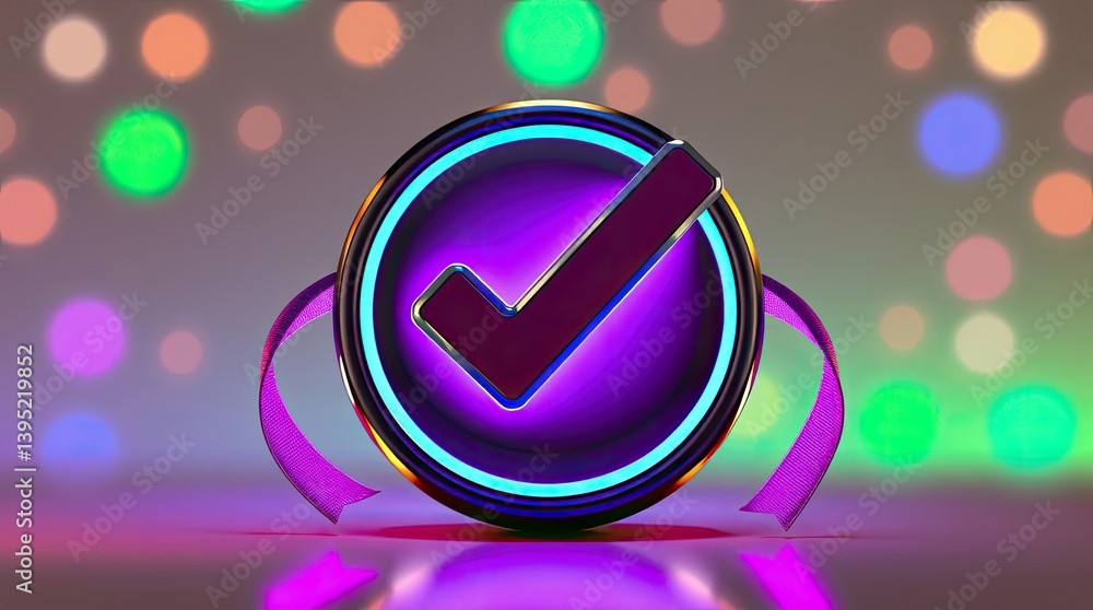 Poster a glowing icon with a checkmark and ribbons is displayed