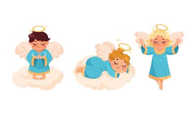 Cute Children Angels with Wings and Nimbus Vector Set