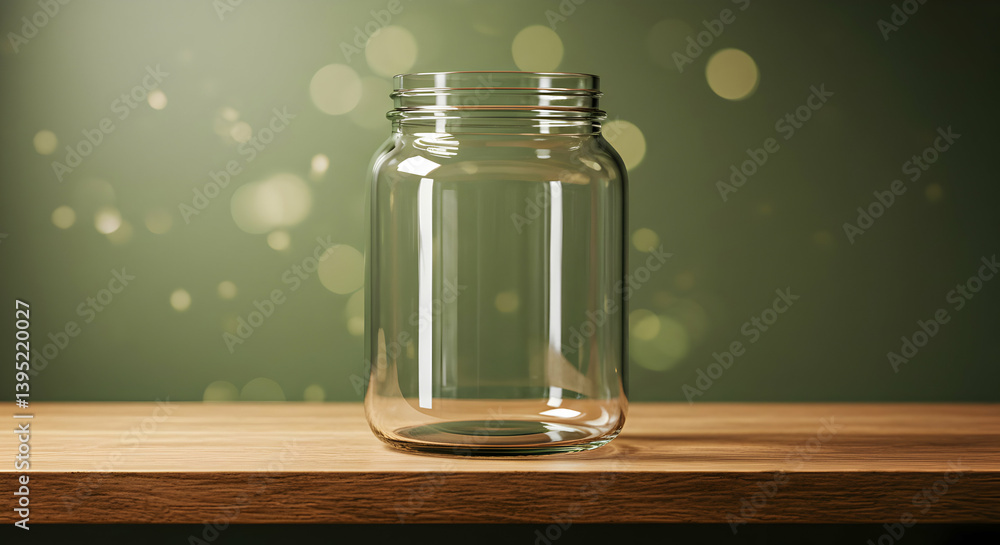Poster empty glass jar on wooden table with bokeh background